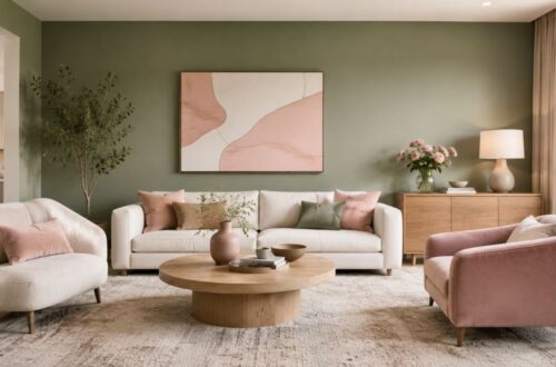 Pink green living room paint makeover modern elegant interior design with blush and sage tones