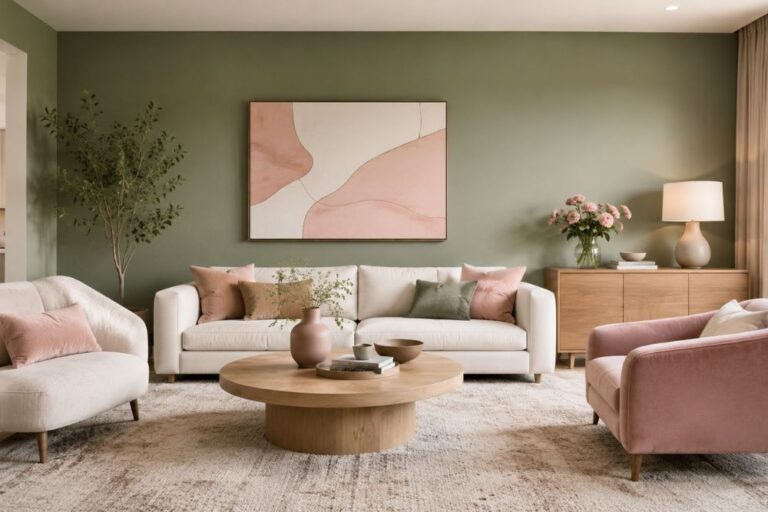 Pink green living room paint makeover modern elegant interior design with blush and sage tones