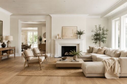 Alabaster walls with Pure White trim in a bright modern living room
