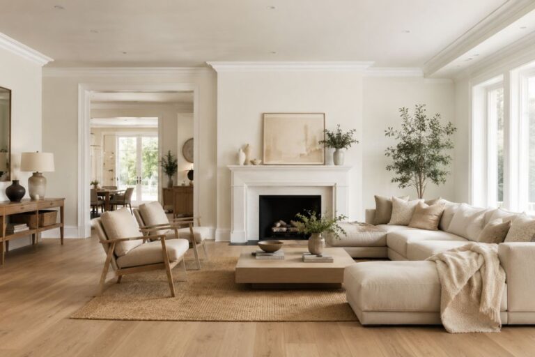 Alabaster walls with Pure White trim in a bright modern living room
