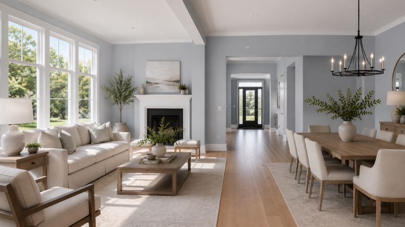 Open concept living room with Sherwin Williams Upward walls showing natural light variation