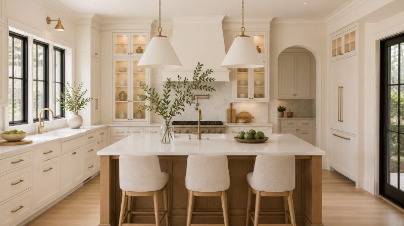 Swiss Coffee Sherwin Williams kitchen cabinets with quartz countertops