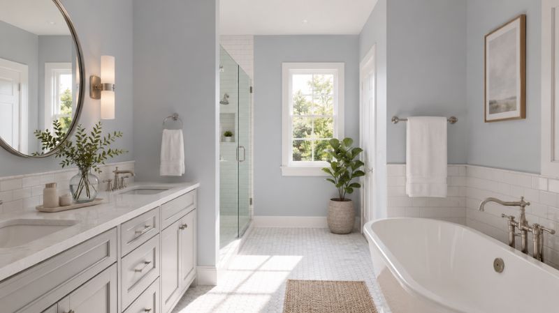 Bathroom with Sherwin Williams Upward walls white subway tile and brushed nickel fixtures