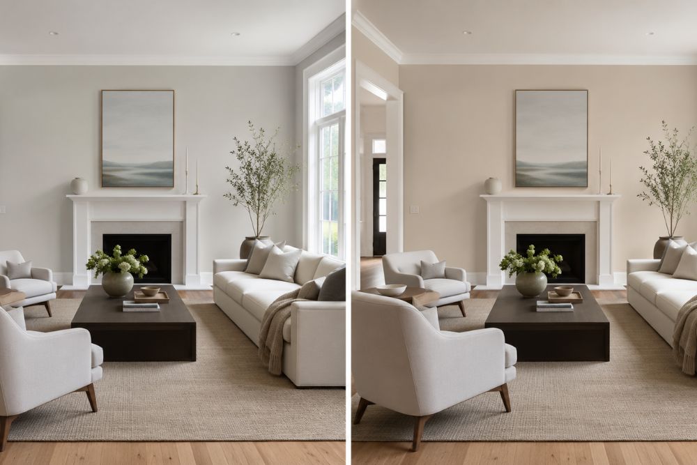 Benjamin Moore Edgecomb Gray vs Sherwin Williams Accessible Beige living room paint comparison