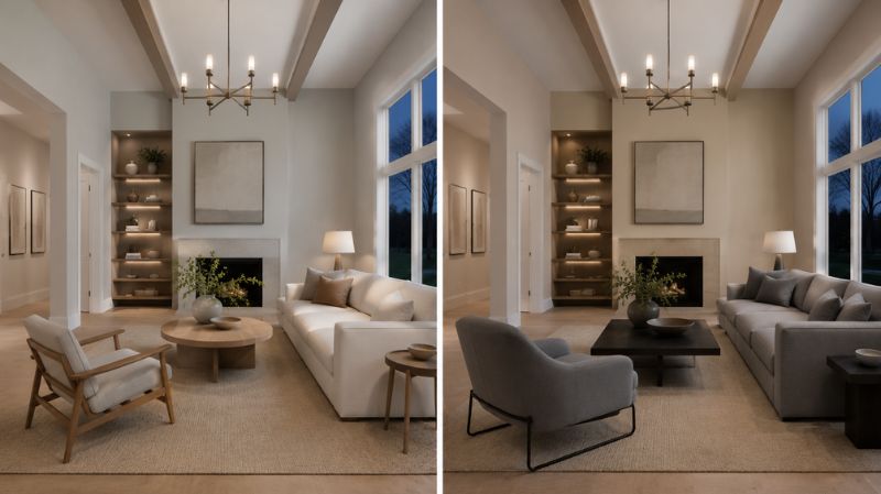 Edgecomb Gray vs Accessible Beige living room comparison