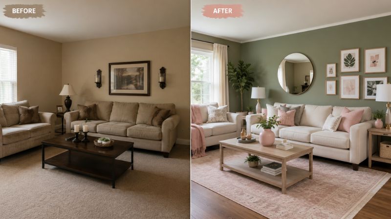 before and after living room makeover with pink and green paint transformation budget design