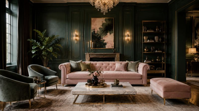 luxury forest green living room with pale blush velvet furniture elegant interior