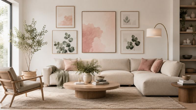 neutral living room with pink and green abstract gallery wall art modern decor