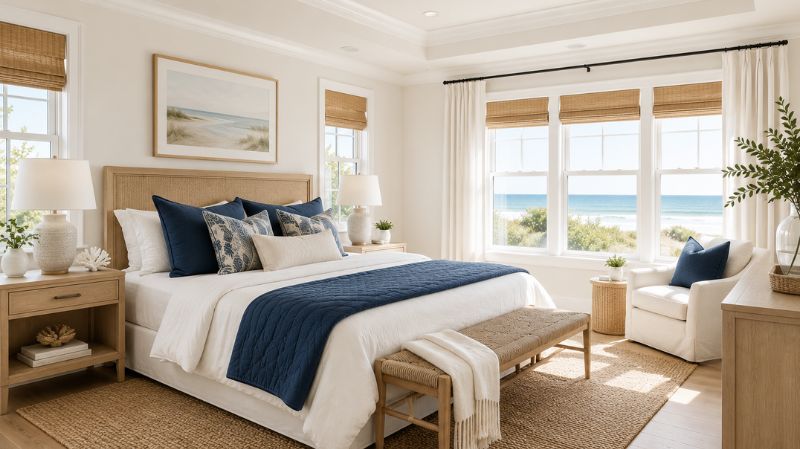 Coastal living room with Alabaster walls and Pure White trim