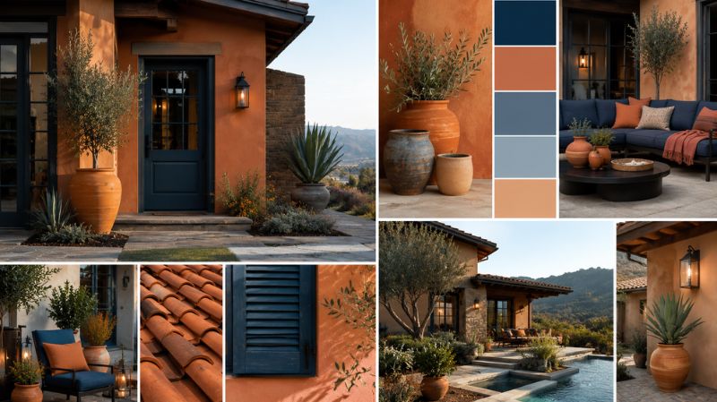 Different shades of orange paired with complementary blue tones in home décor