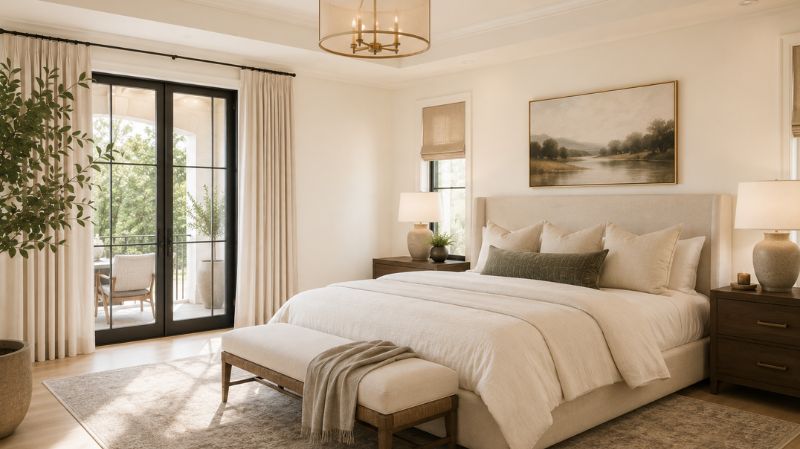 Cozy bedroom painted in Swiss Coffee Sherwin Williams warm white