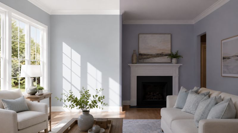 Sherwin Williams Upward showing blue gray and subtle violet undertones in natural light