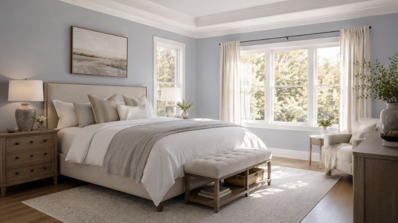 Bedroom painted Sherwin Williams Upward with white trim and soft natural lighting