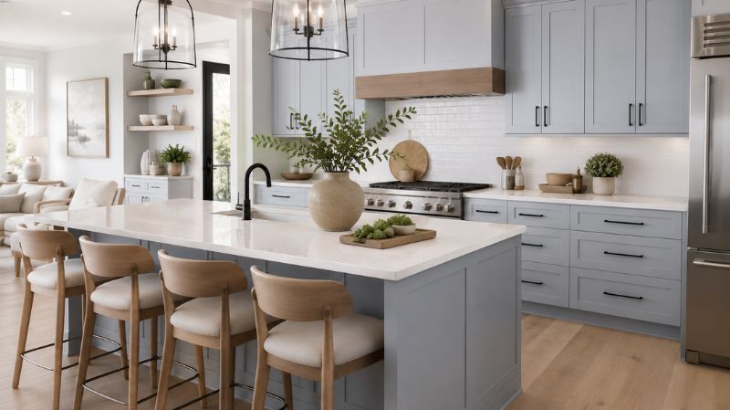 Kitchen with Sherwin Williams Upward cabinets and white quartz countertops