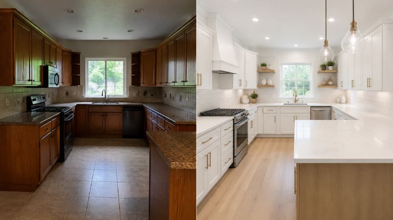 Before and after kitchen cabinet painting transformation