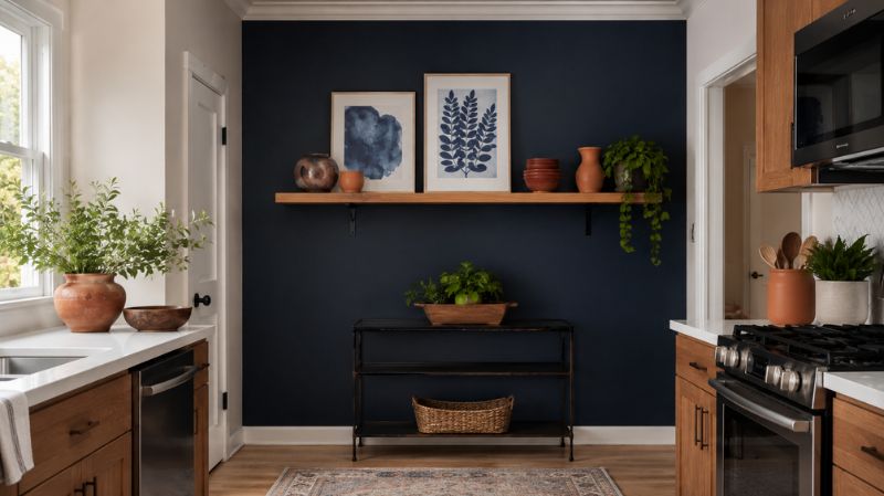 Updated living room with navy accent wall and burnt orange décor