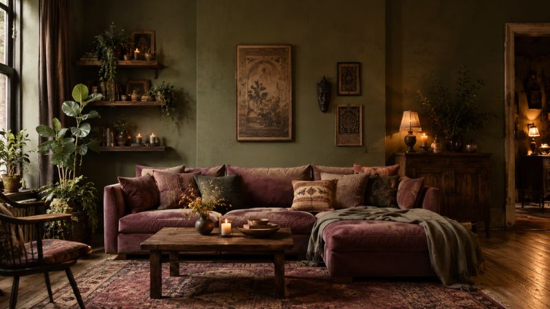 moody olive green living room with dusty mauve accents boho interior design