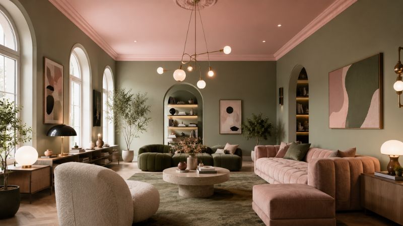 green living room walls with soft pink ceiling modern creative interior design