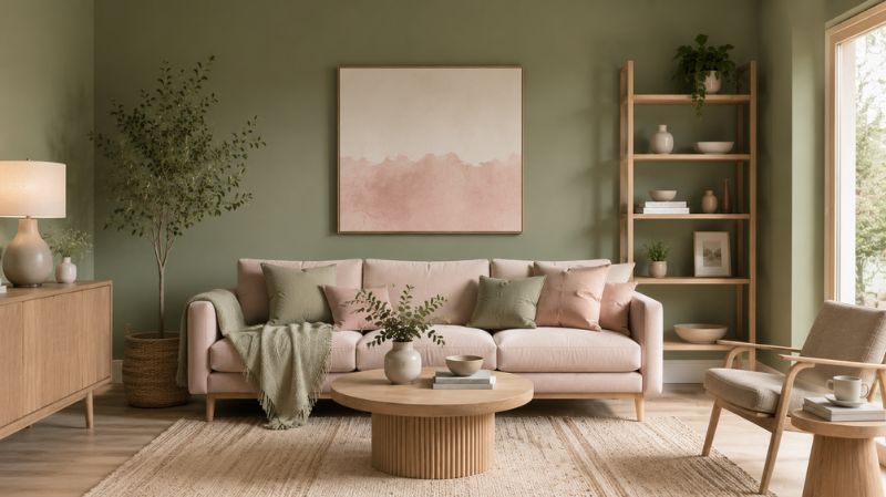 sage green living room with blush pink decor modern cozy interior design