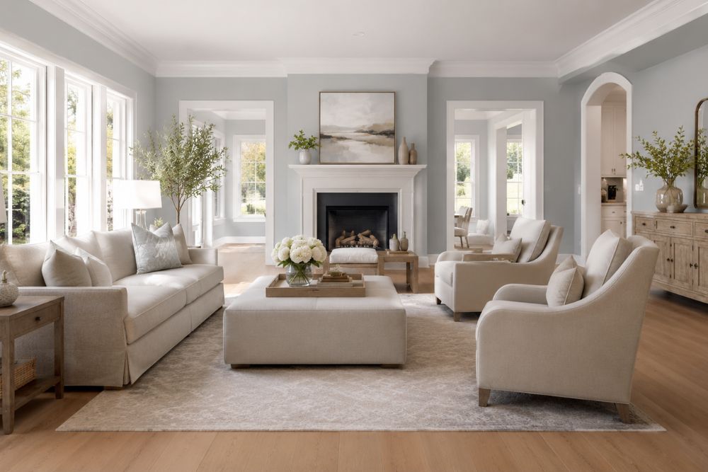 Sherwin Williams Upward SW 6239 painted living room with soft blue gray walls and white trim