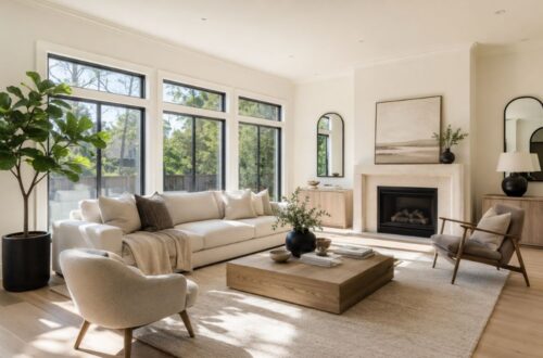 Swiss Coffee Sherwin Williams painted living room with warm white walls and natural light