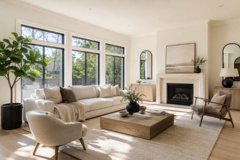 Swiss Coffee Sherwin Williams painted living room with warm white walls and natural light