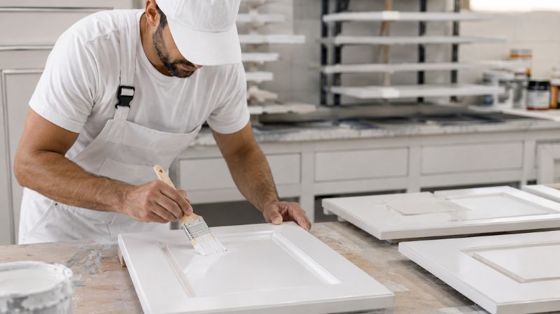 Professional painter refinishing kitchen cabinets with cabinet enamel paint
