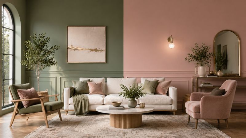 two tone pink and green living room wall paint design with molding modern interior