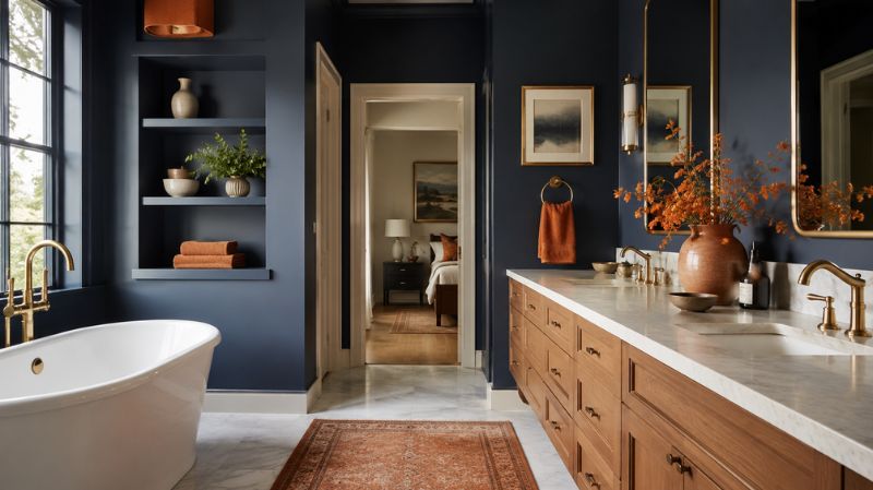 Navy blue wall with orange décor accents in modern home