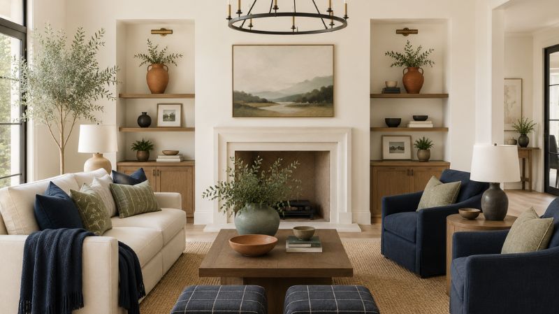 Swiss Coffee walls paired with navy blue, sage green and earthy accents