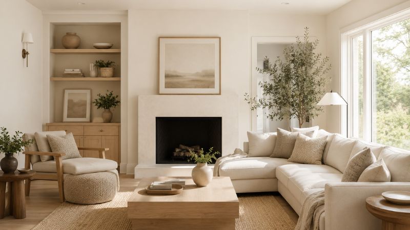 Living room painted in Sherwin Williams Alabaster