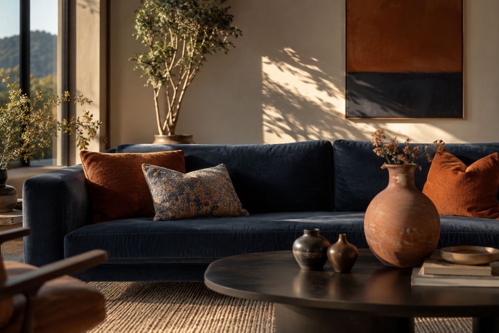 Opposite of Orange and blue complementary color living room with modern interior design