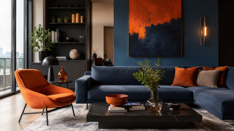 Modern interior showing blue and orange complementary color palette