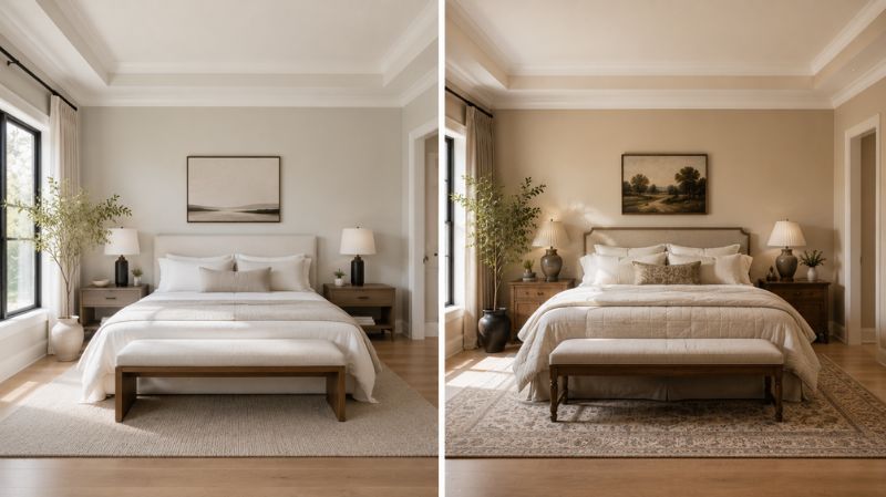 Edgecomb Gray and Accessible Beige bedroom comparison