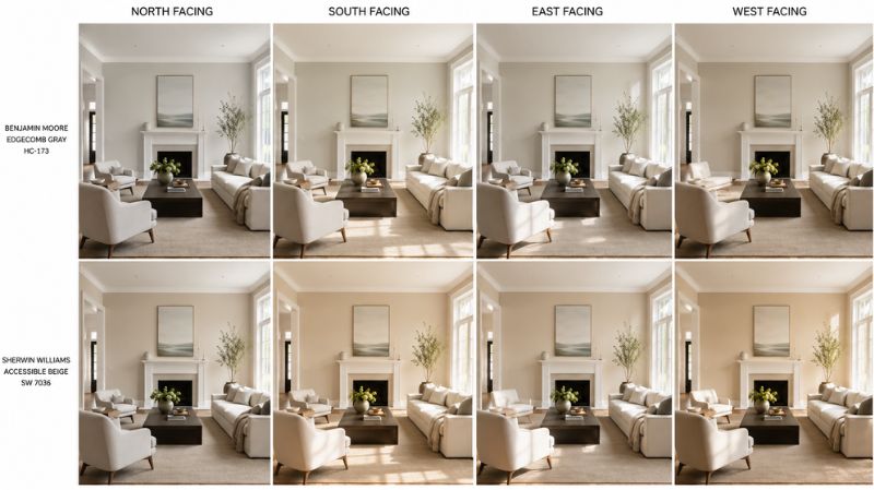 Edgecomb Gray and Accessible Beige in different natural lighting