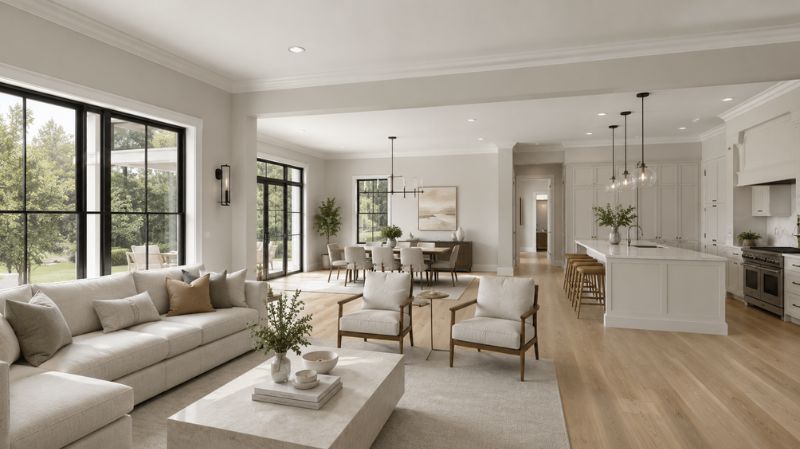 Open concept home painted Edgecomb Gray