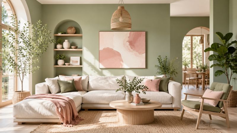 modern biophilic interior design living room with green plants and pink accents