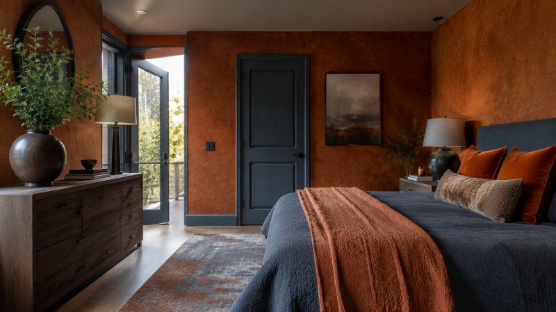 Warm orange and cool blue interior color balance in living room