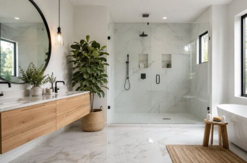 Modern white bathroom remodel featuring floating oak vanity, frameless glass shower and marble flooring