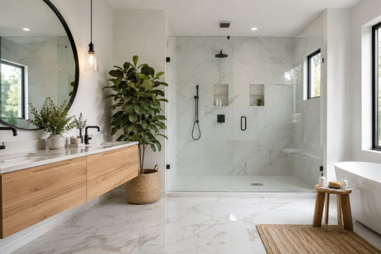 Modern white bathroom remodel featuring floating oak vanity, frameless glass shower and marble flooring
