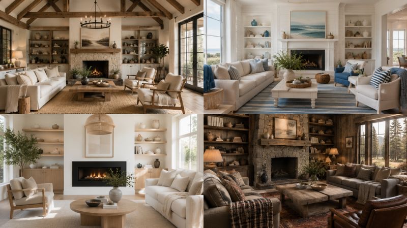 Collection of keeping room styles including farmhouse, coastal, and Scandinavian