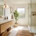 Modern small bathroom ideas with floating vanity, frameless shower and warm white walls.
