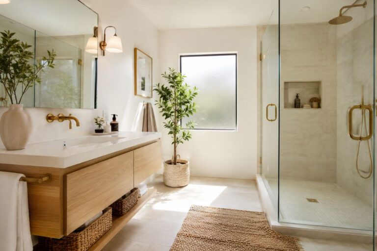 Modern small bathroom ideas with floating vanity, frameless shower and warm white walls.