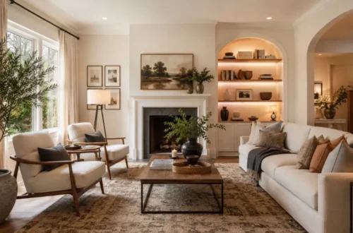 Beautiful living room featuring layered decor and neutral colors