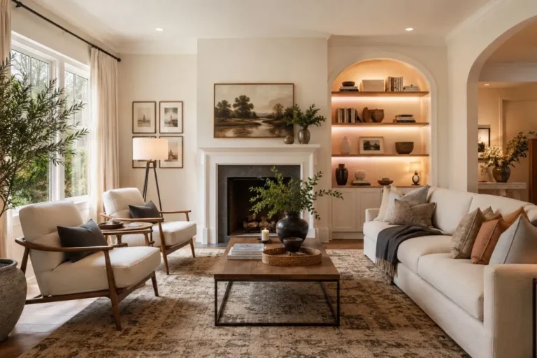 Beautiful living room featuring layered decor and neutral colors