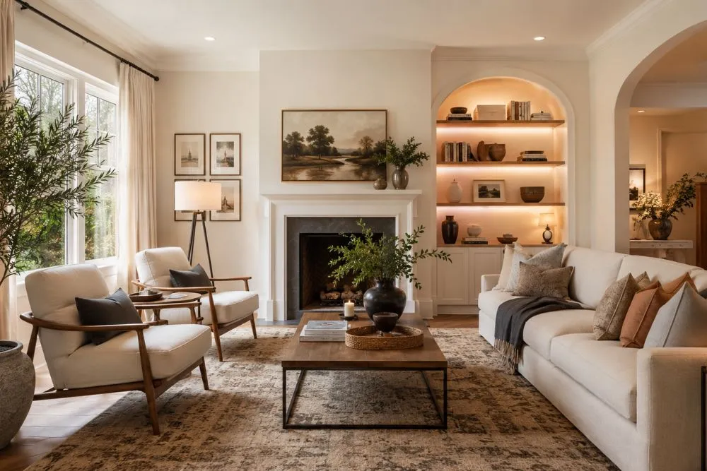 Beautiful living room featuring layered decor and neutral colors