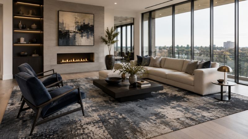 Modern abstract area rug in a contemporary living room