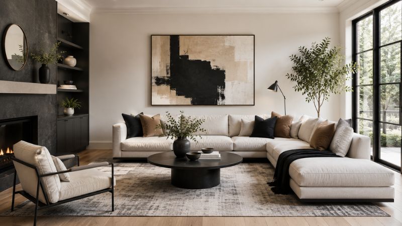 Modern living room with oversized artwork above the sofa