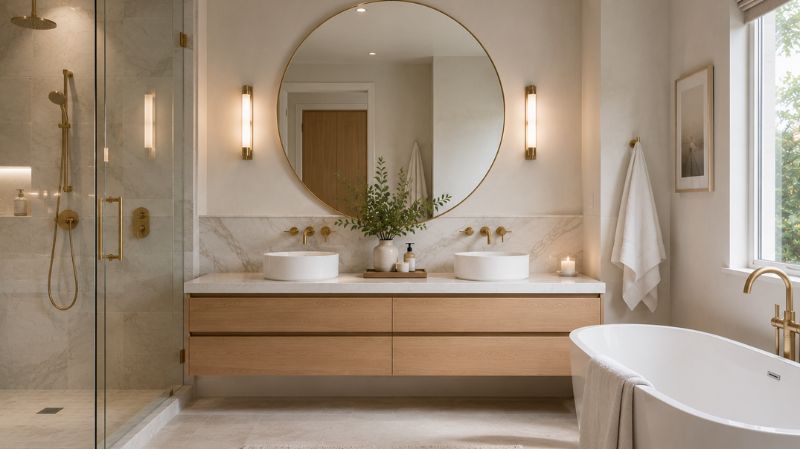 Round bathroom mirror above floating vanity