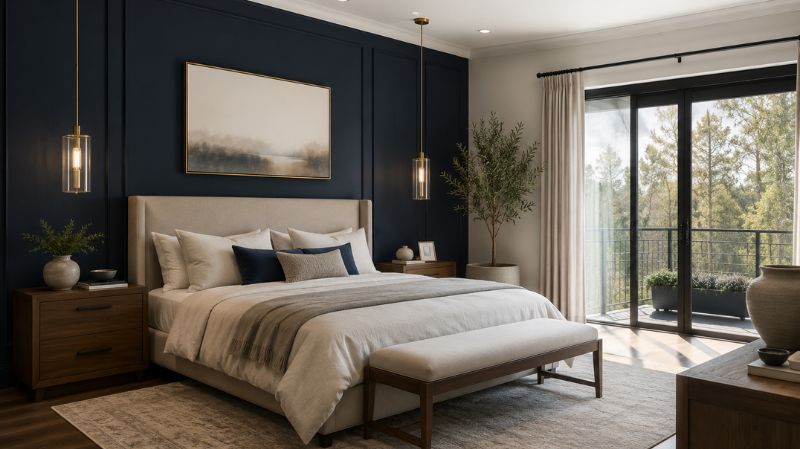 Modern bedroom featuring navy blue accent wall